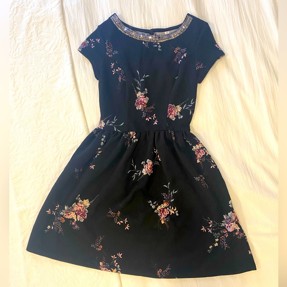 Darling floral print black dress beaded neckline